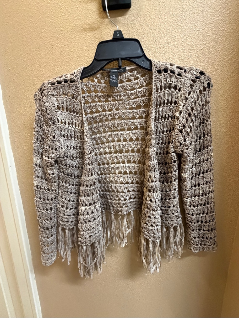 INC International Concepts Open-Knit Fringe Cardigan in Taupe Greige